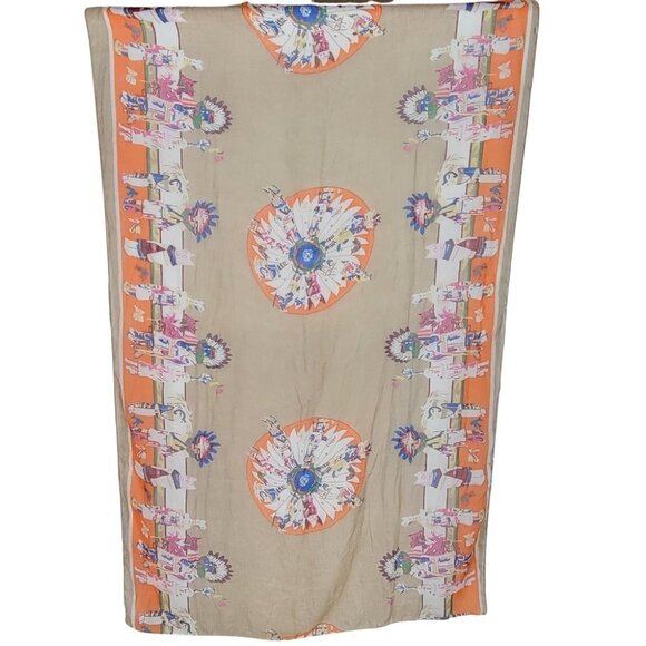 Womens Native American Indian Tribal Head Scarf Covering Cat Animal Beige Orange - Picture 1 of 16